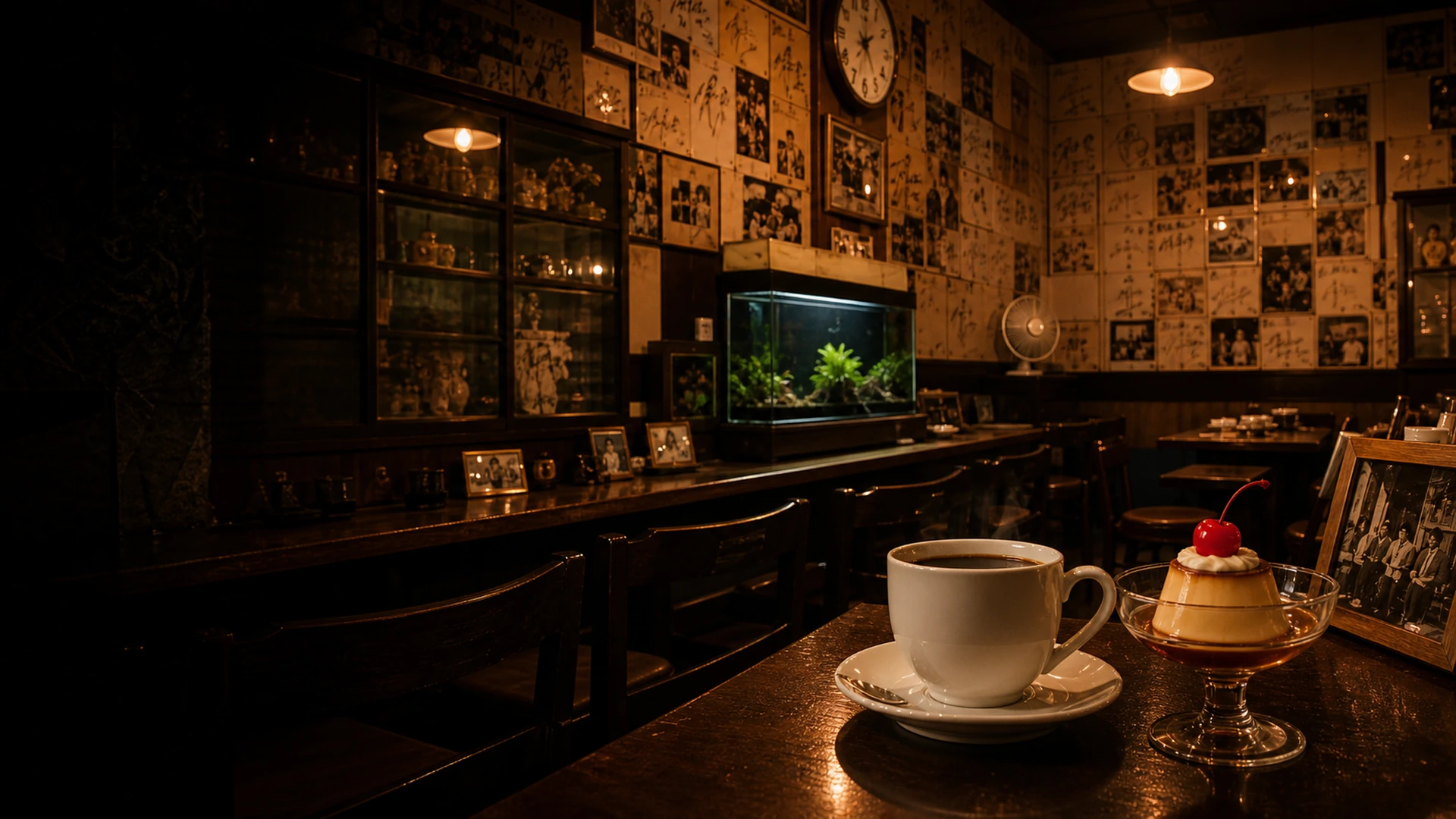 昔ながらの喫茶店モアの温かな店内、コーヒーとプリン