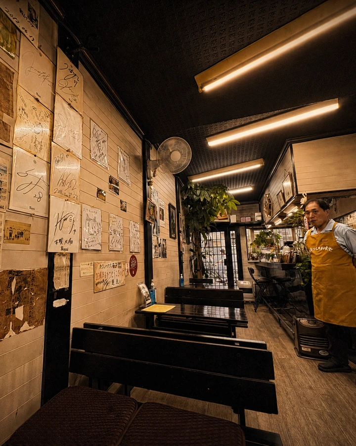 サインに囲まれた店内に立つCafe House モアの店主