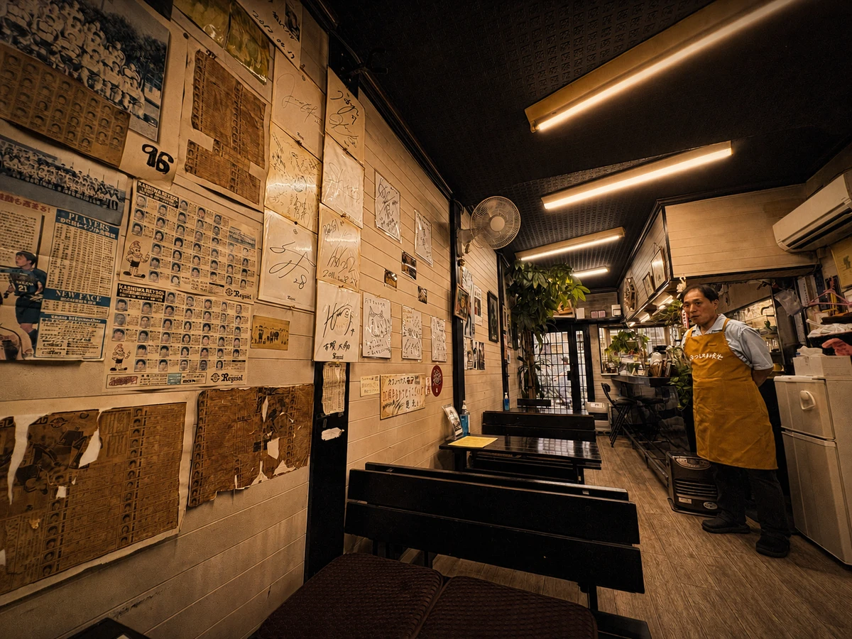 店主が迎えるサインに囲まれた客席